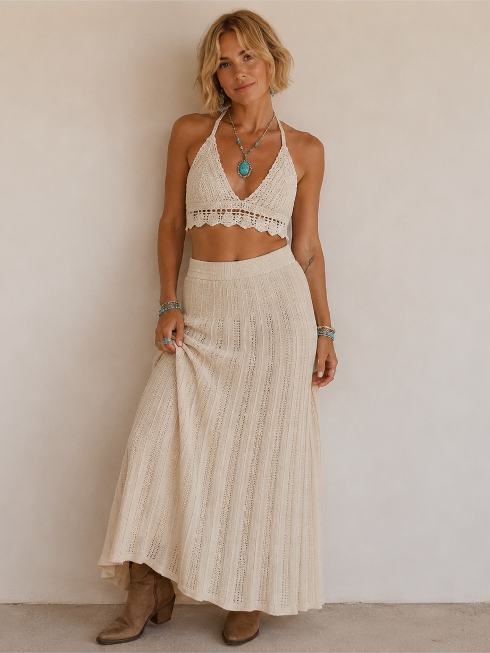 GU Uniqlo Cream Boho Hippie Prairie Maxi Knit Cottagecore Flower Child Skirt S